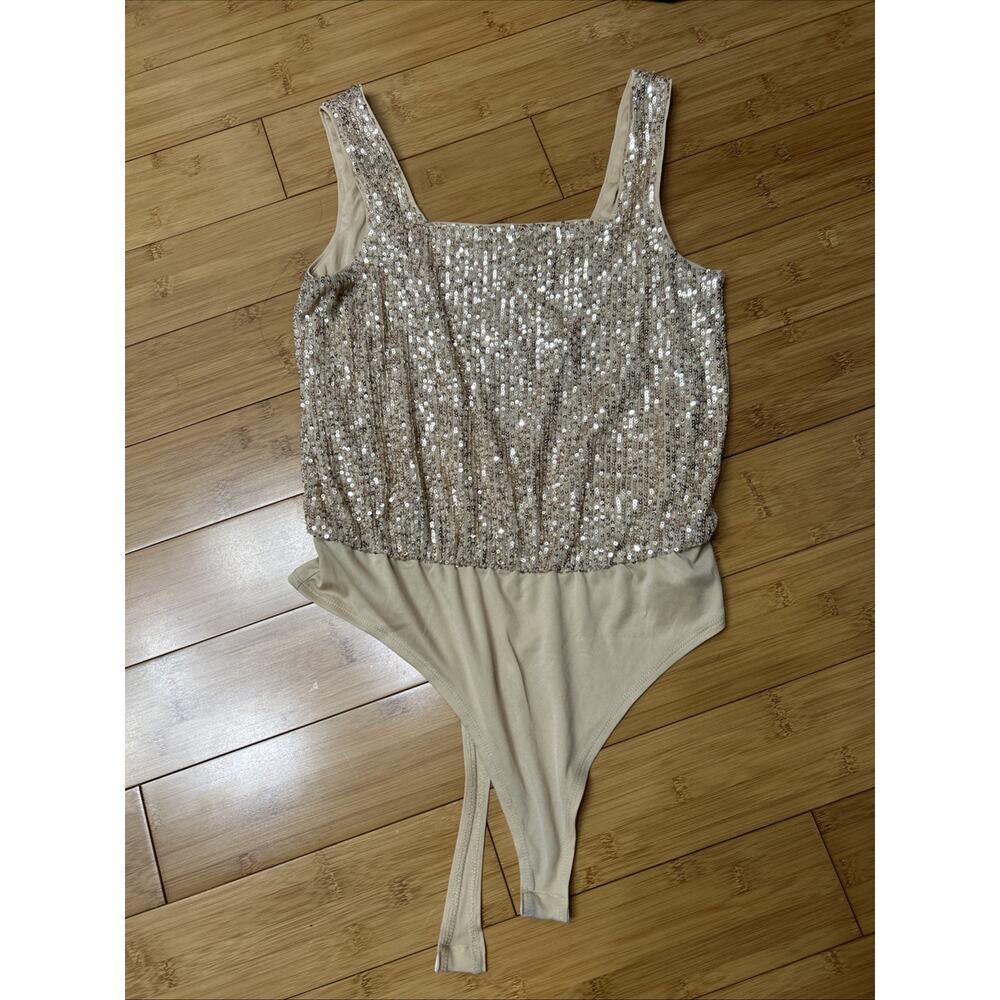 BCBG Generation Metallic Sequin Bodysuit Square Neck Y2K Party Glam Sz M - Picture 2 of 5